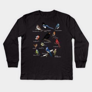 Backyard Birds Sparrow Cardinal Jay Wren Illustration Kids Long Sleeve T-Shirt